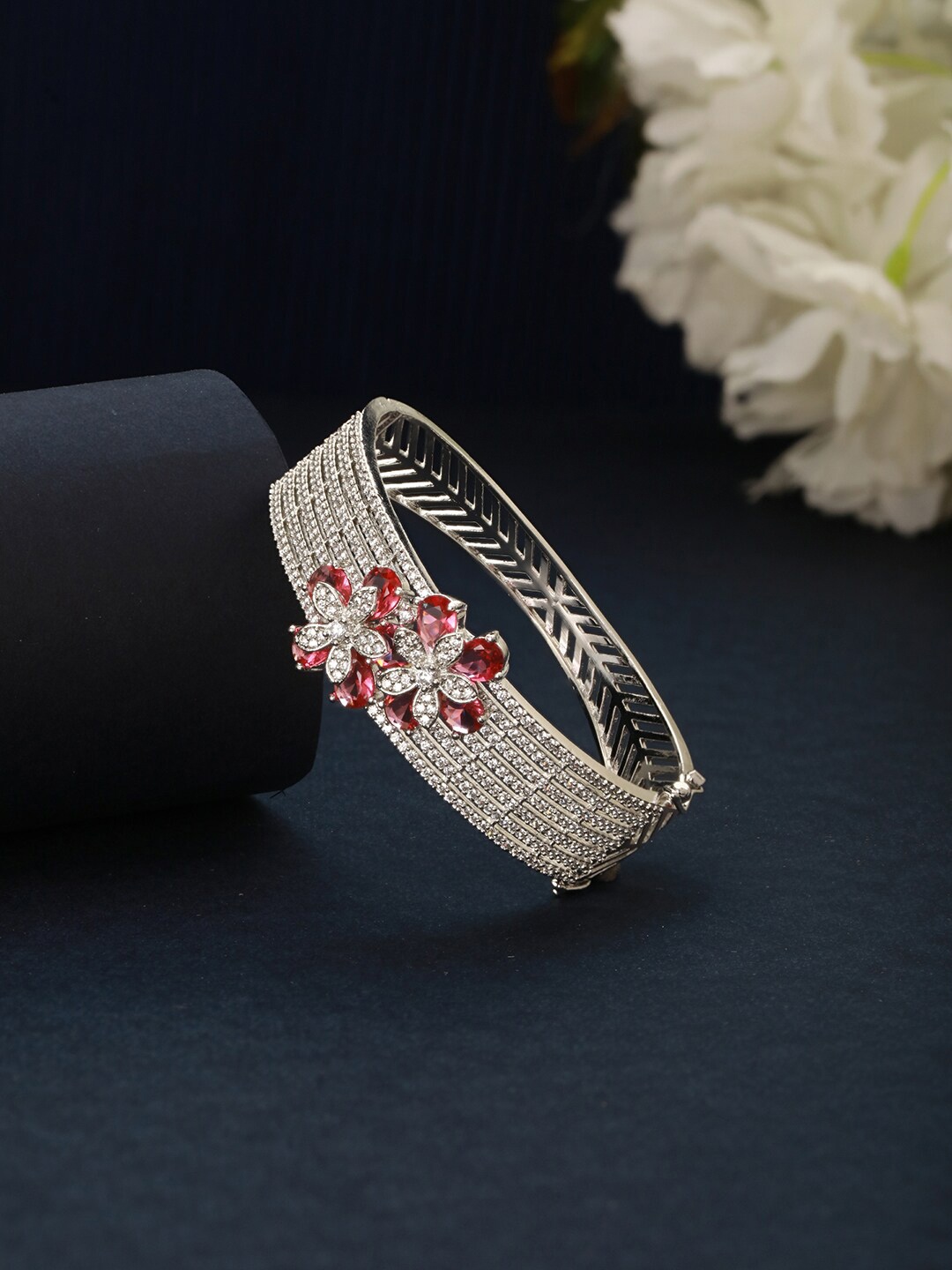 

Saraf RS Jewellery Cubic Zirconia Silver Plated Kada Bracelet