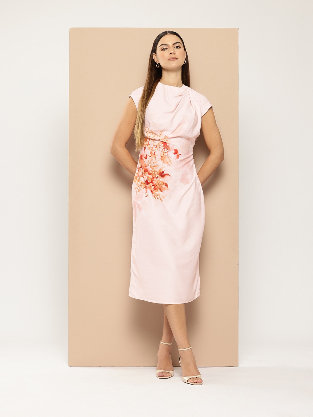 

her by invictus Floral Printed Pleated Sheath Midi Dress, Pink