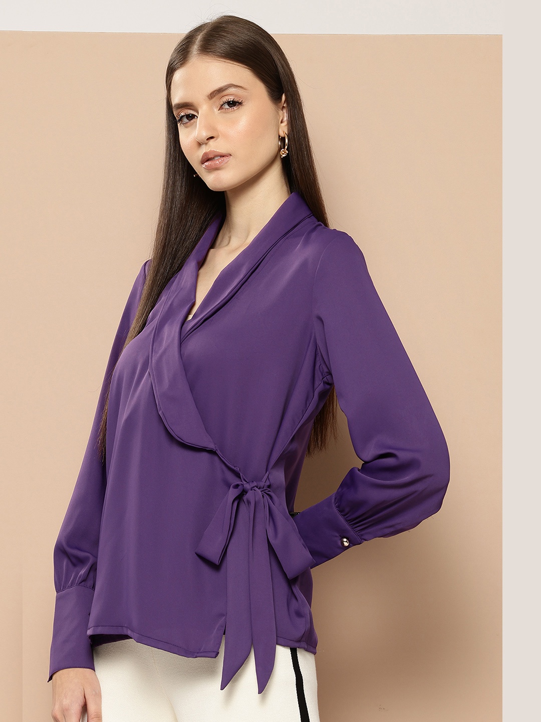 

her by invictus Cuffed Sleeves Wrap Top, Violet