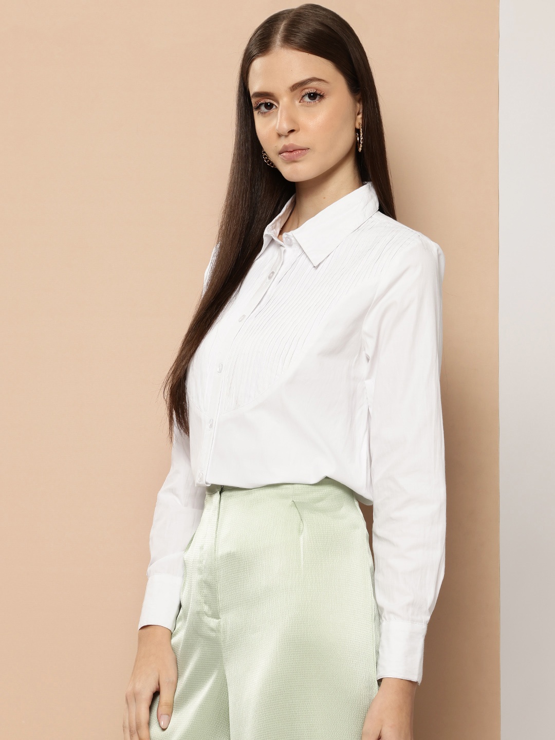 

her by invictus Solid Casual Shirt with Front Pleats, White