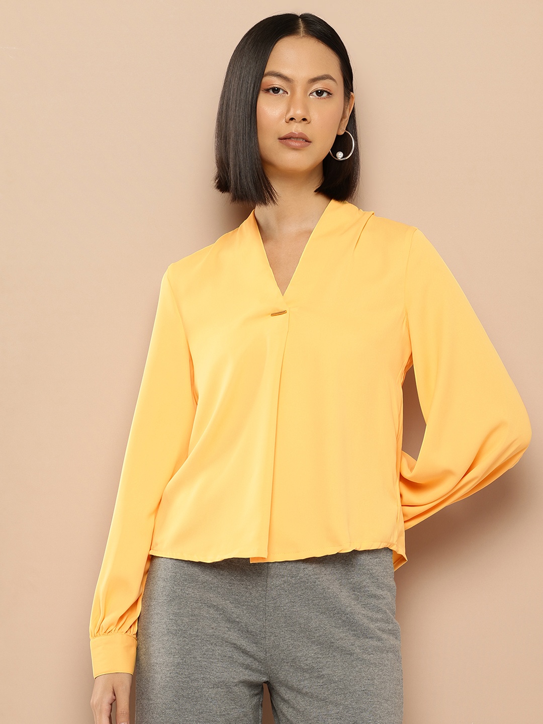 

her by invictus Cuffed Sleeves Pleated Top, Yellow