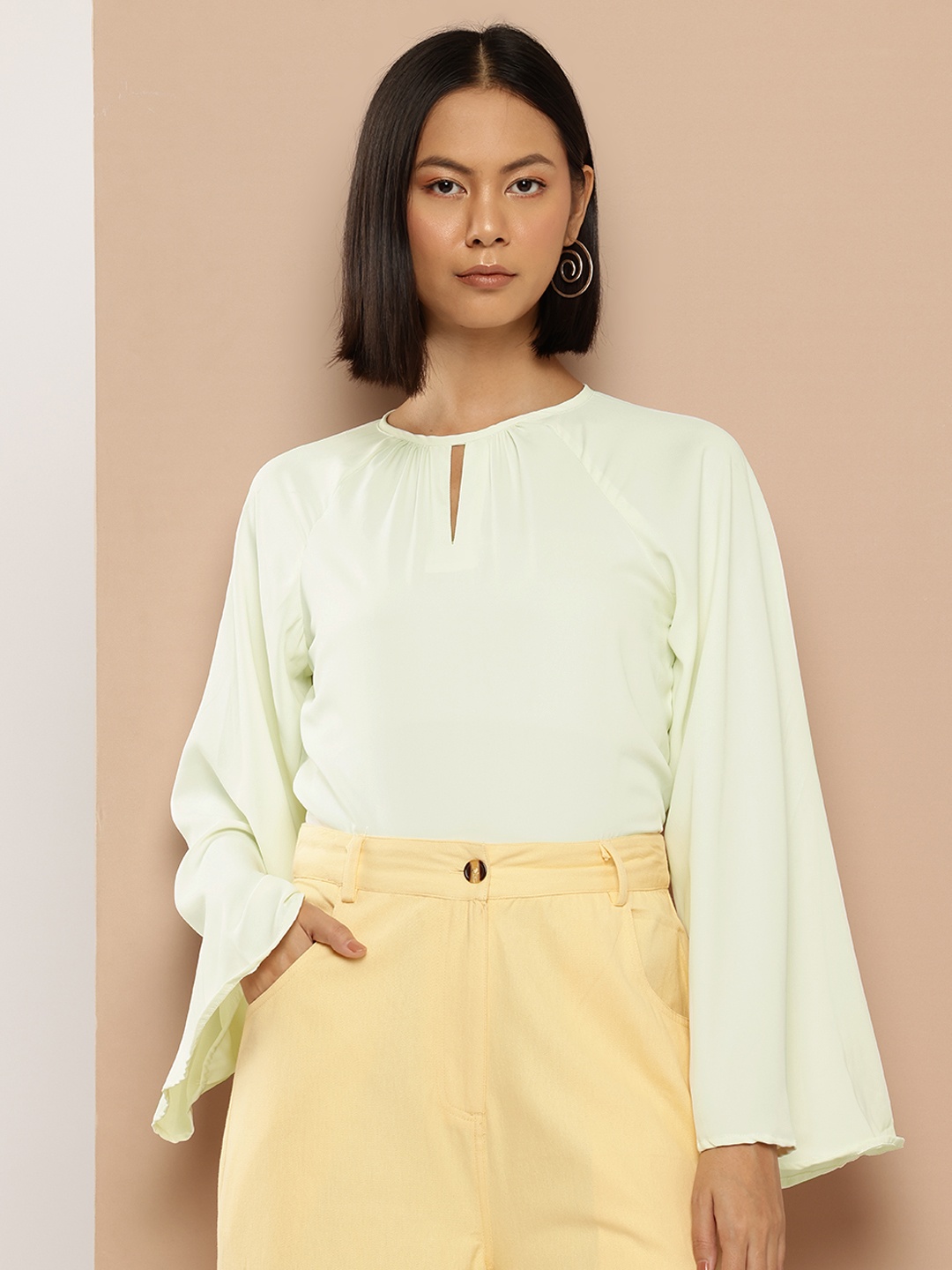 

her by invictus Keyhole Neck Flared Sleeve Top, Cream