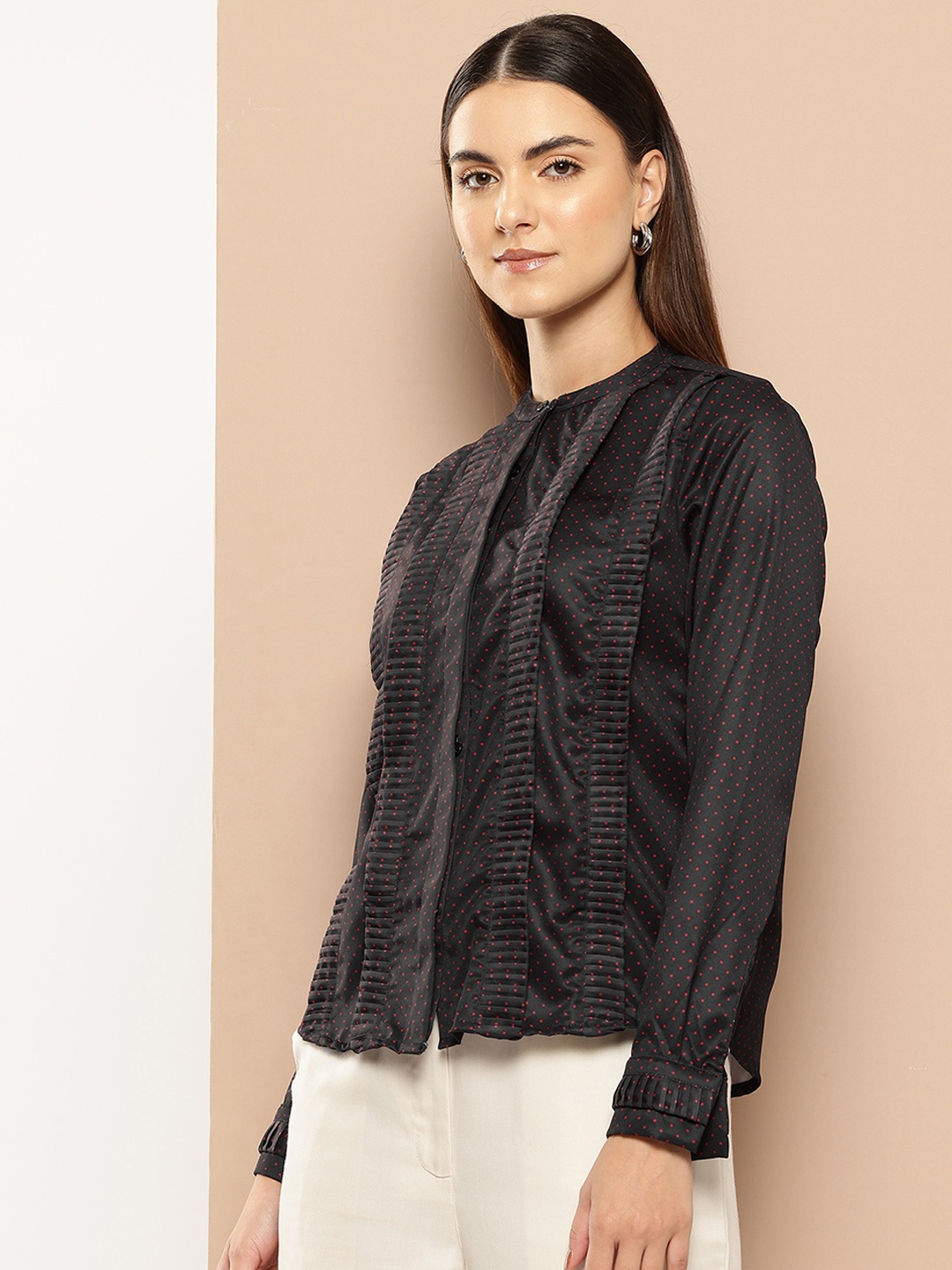 

her by invictus Polka Dot Print Mandarin Collar Shirt Style Top, Black