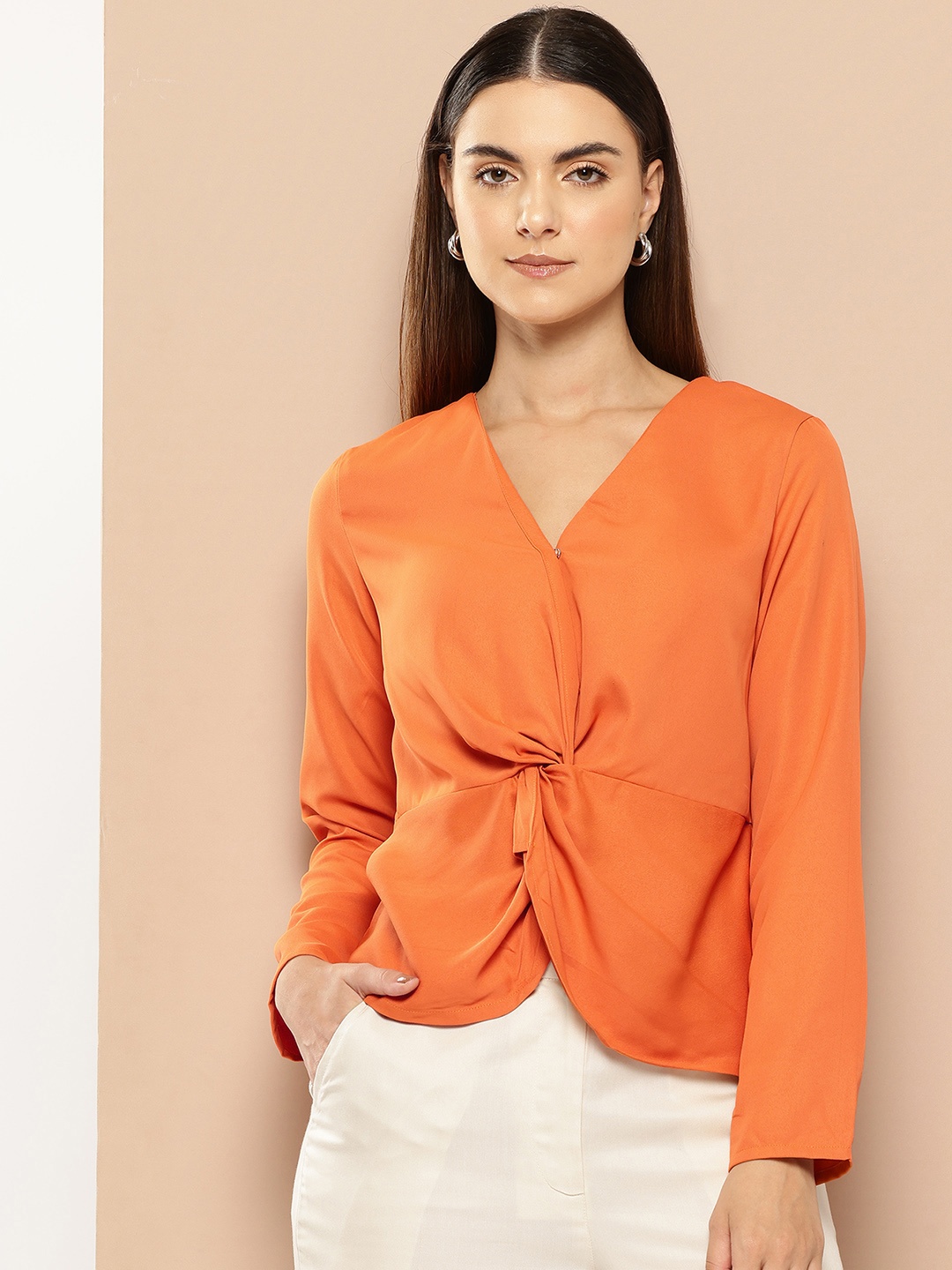 

her by invictus V-Neck Gathered Detail Top, Orange