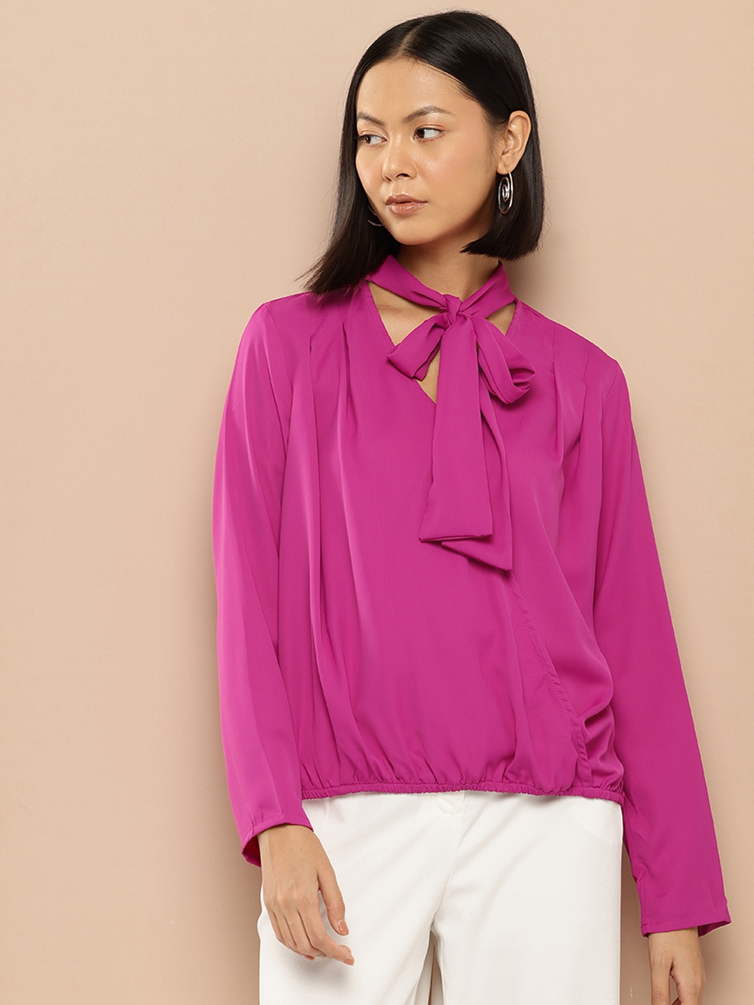 

her by invictus Tie-Up Neck Flared Sleeve Top, Magenta