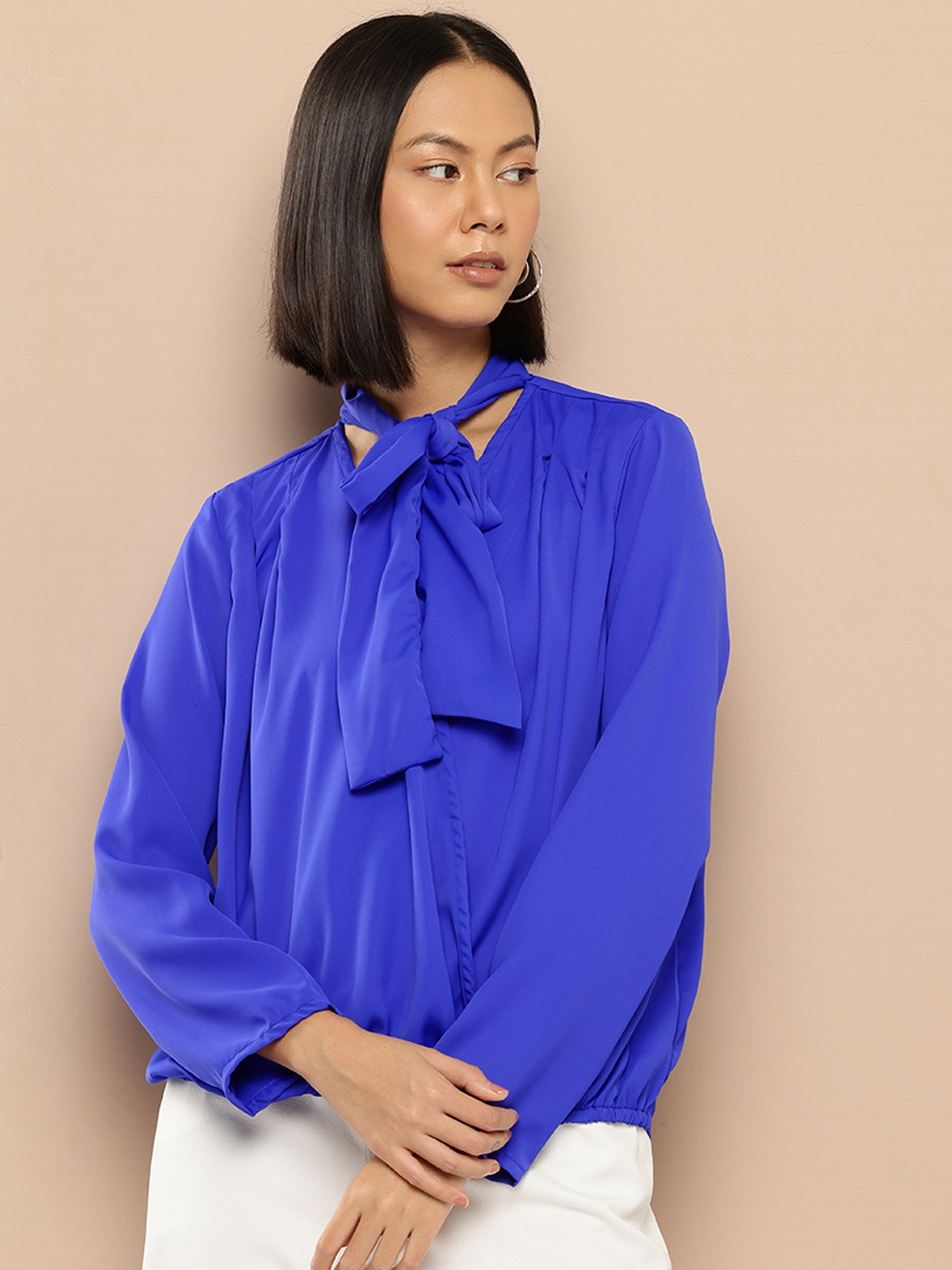 

her by invictus Tie-Up Neck Flared Sleeve Top, Blue