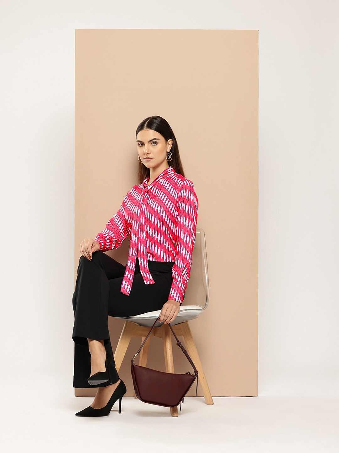 

her by invictus Women Printed Neck Tie Semiformal Shirt, Pink