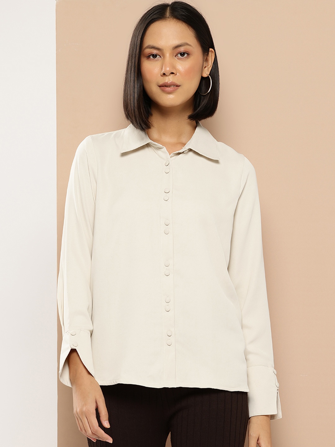 

her by invictus Regular-Fit Spread Collar Casual Shirt, Beige