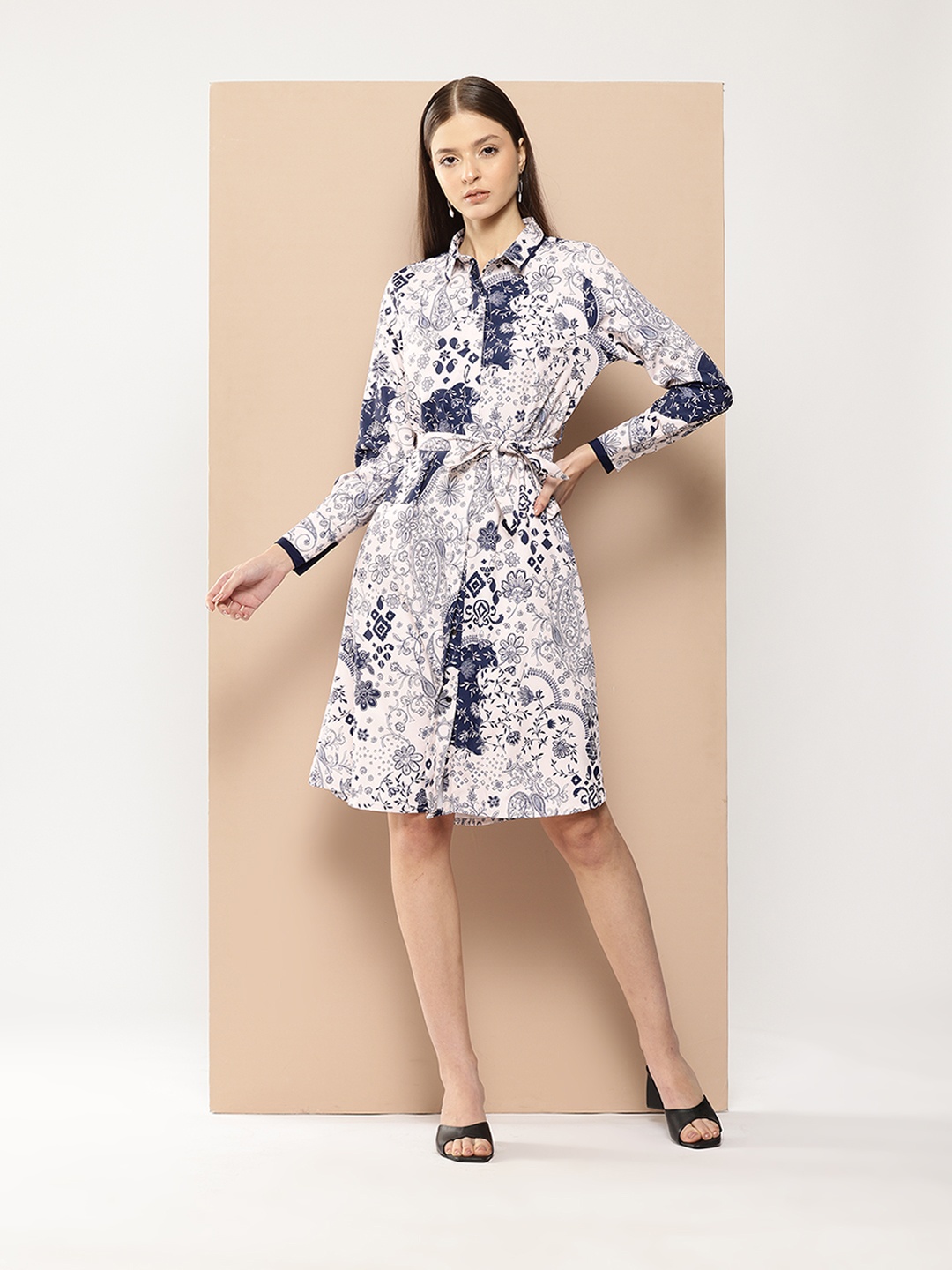 

her by invictus Ethnic Motifs Print Shirt Style Dress, Beige