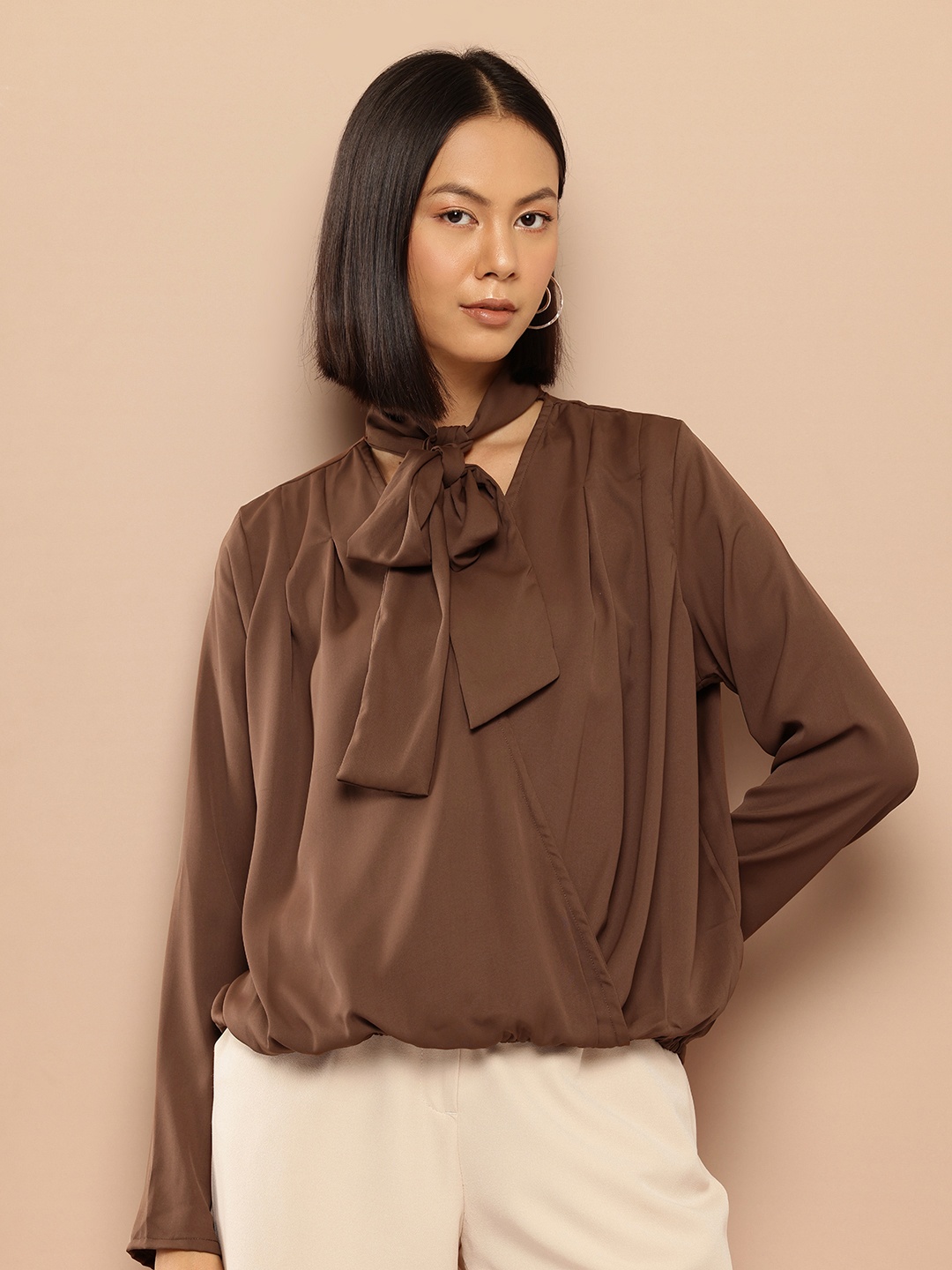 

her by invictus Tie-Up Neck Flared Sleeve Top, Brown