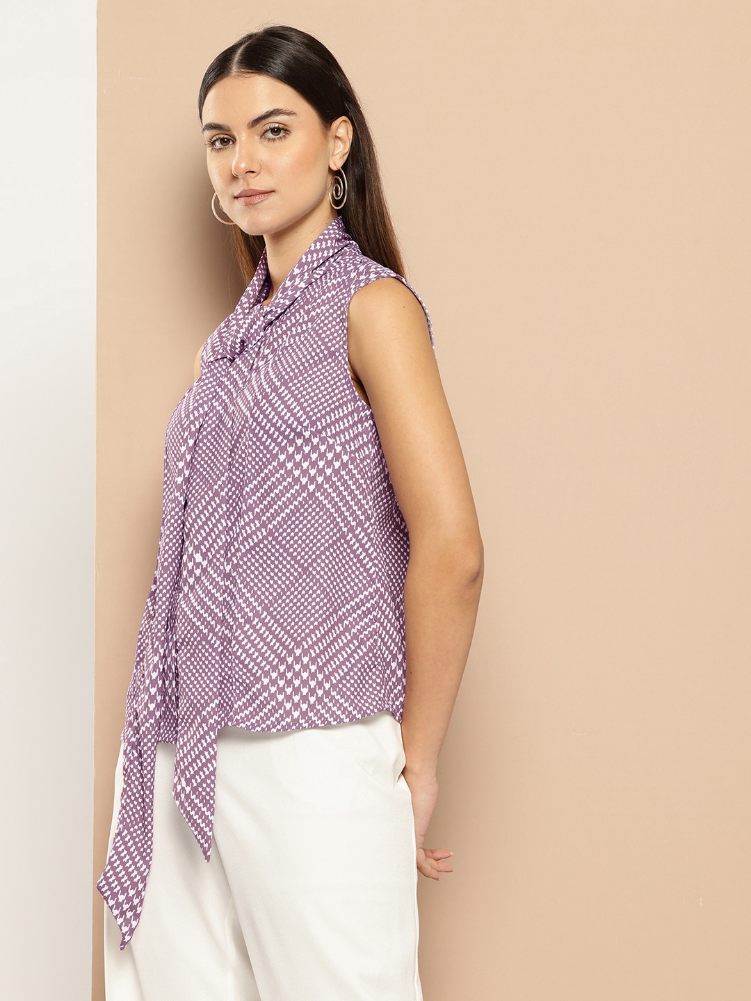 

her by invictus Geometric Print Tie-Up Neck Top, Purple