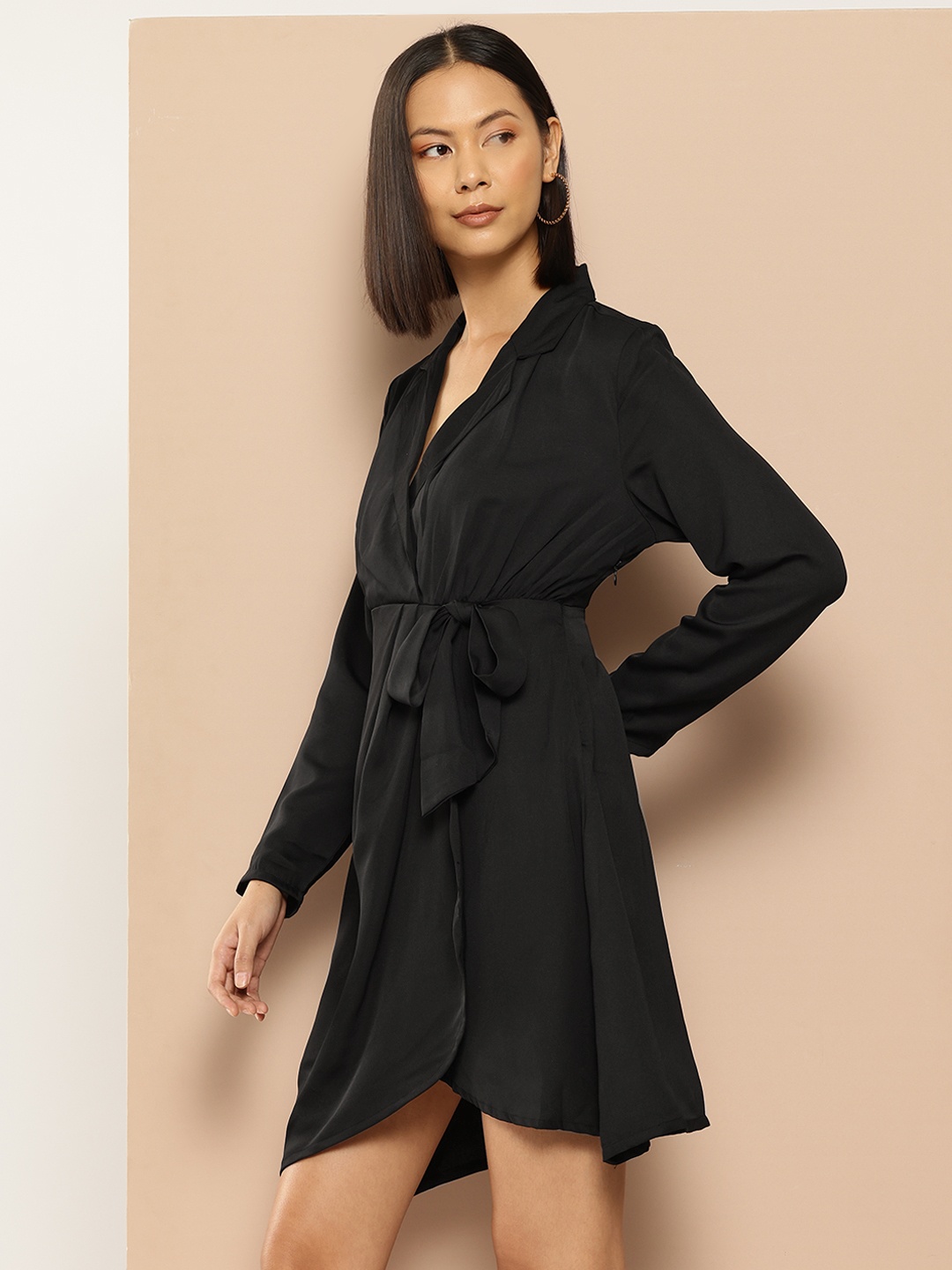 

her by invictus Notched Lapel Wrap Style Dress, Black