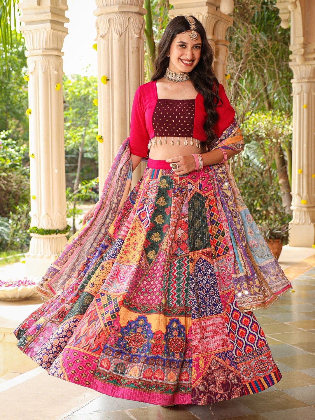 

Chandbaali Printed Patchwork Silk Ready to Wear Lehenga & Blouse With Dupatta, Pink