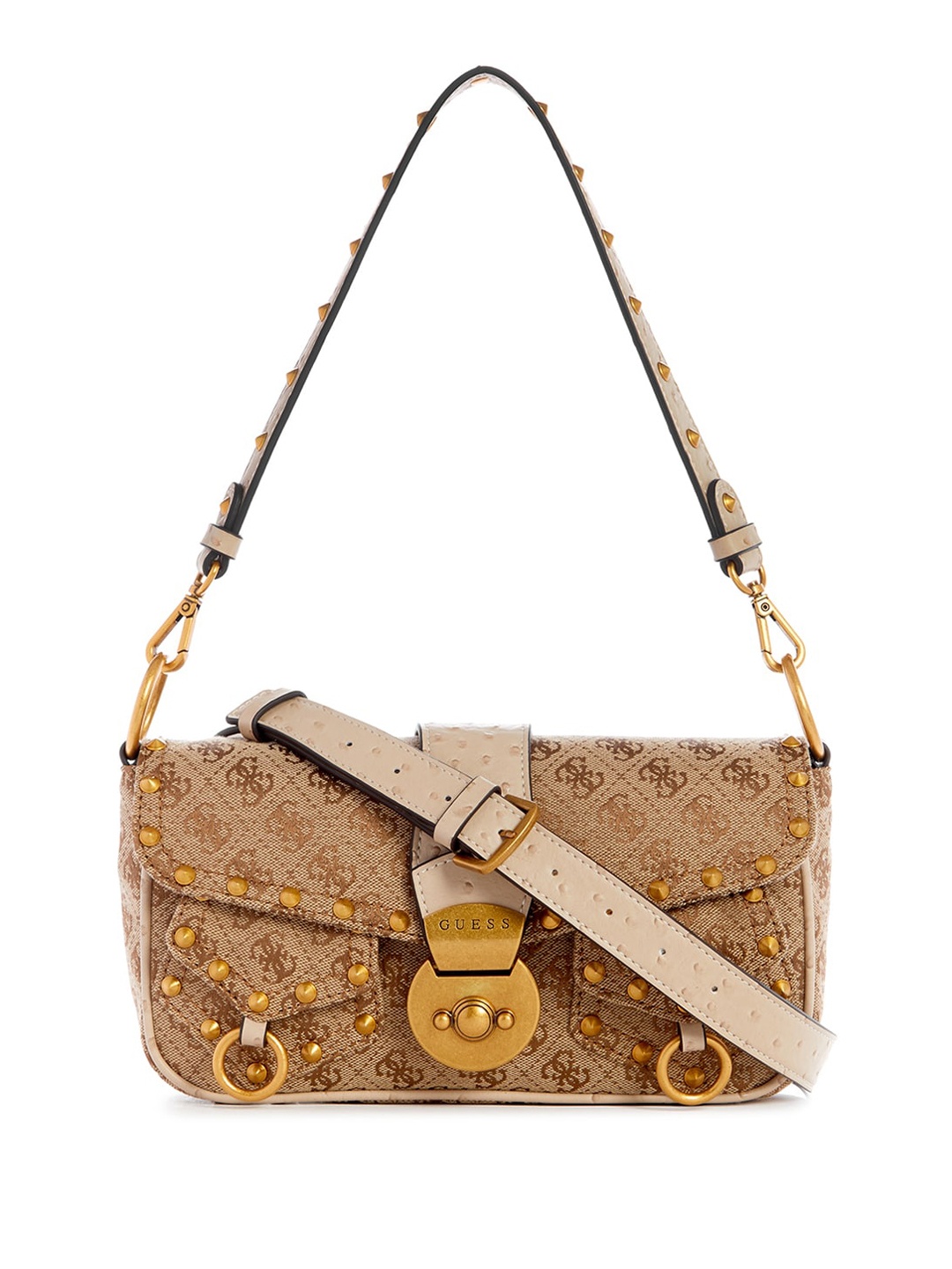 

GUESS Brand Logo Printed Structured Shoulder Bag, Brown