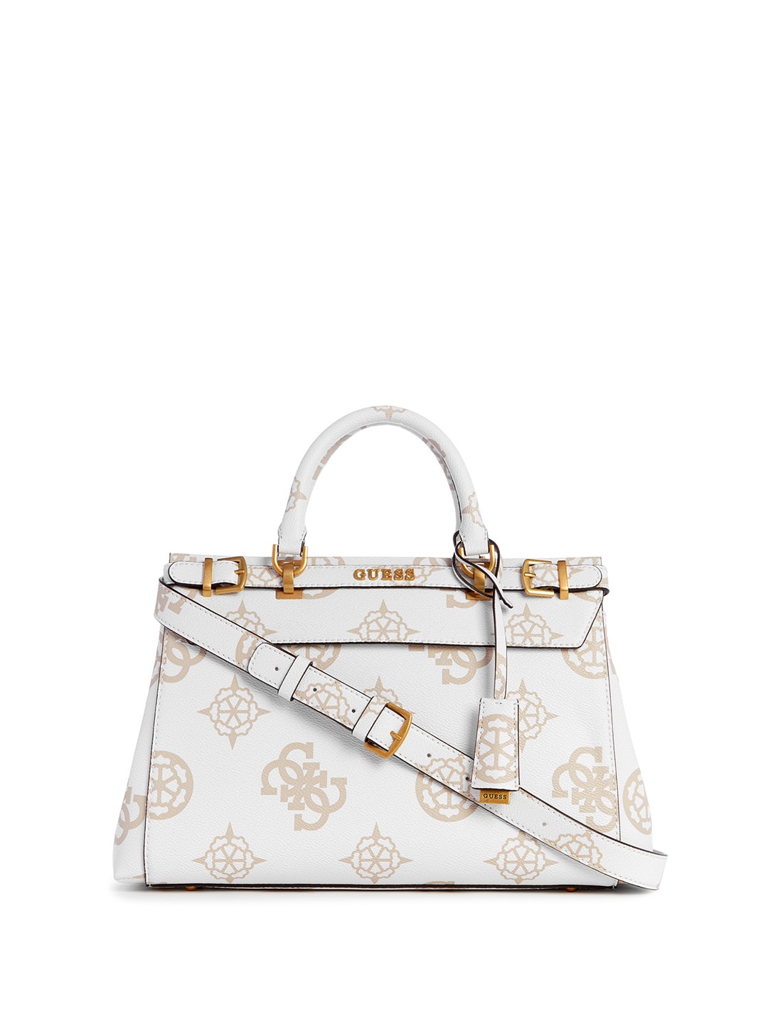 

GUESS Brand Logo Printed Structured Handheld Bag, White