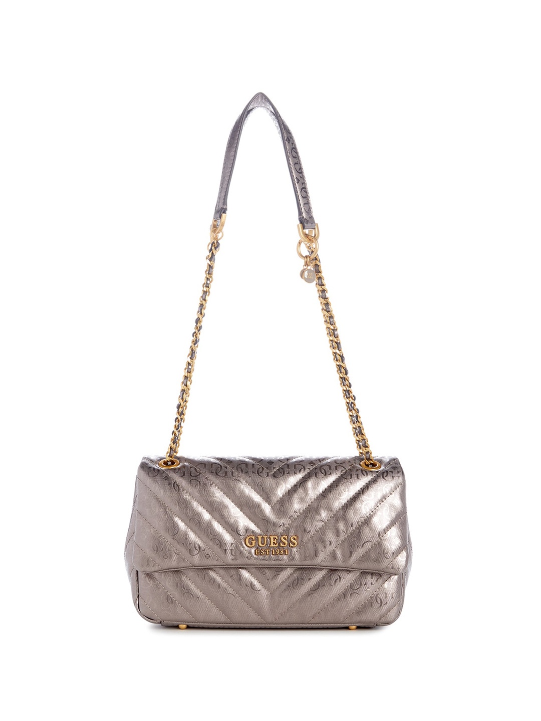 

GUESS Textured Zip Detail Structured Sling Bag With Quilted, Metallic