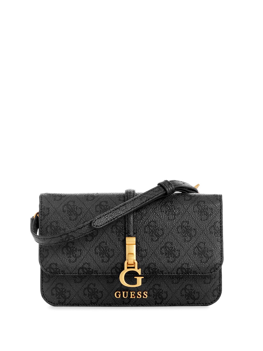 

GUESS Typography Printed PU Structured Sling Bag, Black