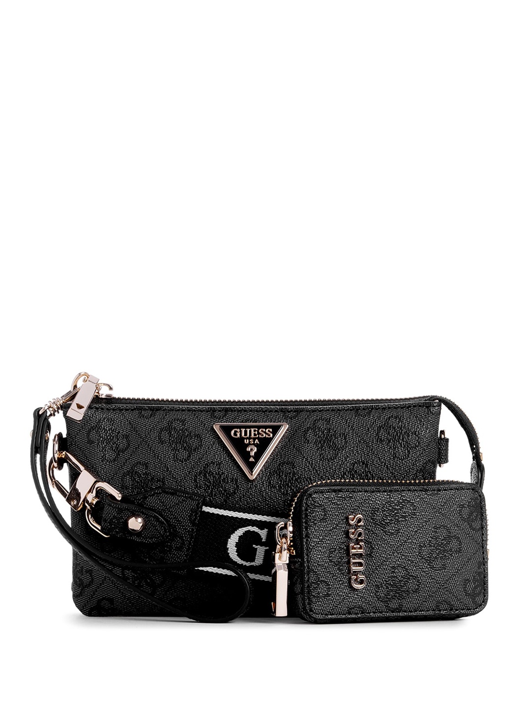

GUESS Typography Printed Zip Detail PU Swagger Sling Bag & Pouch, Black