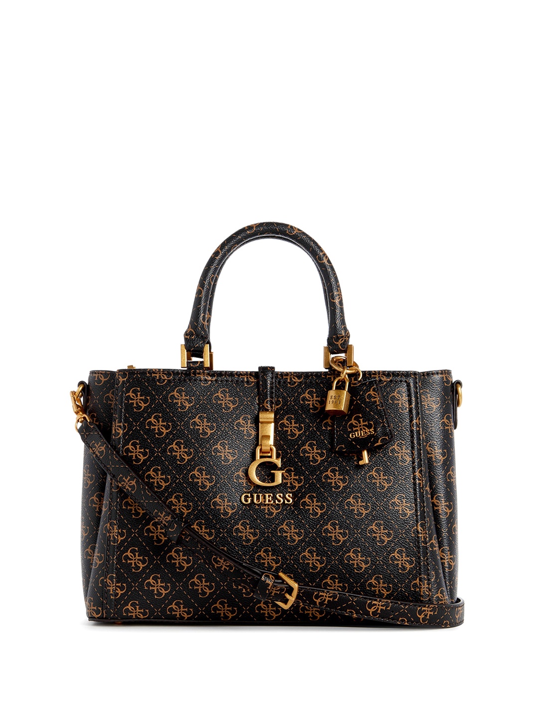 

GUESS Typography Printed Zip Detail PU Structured Handheld Bag, Black