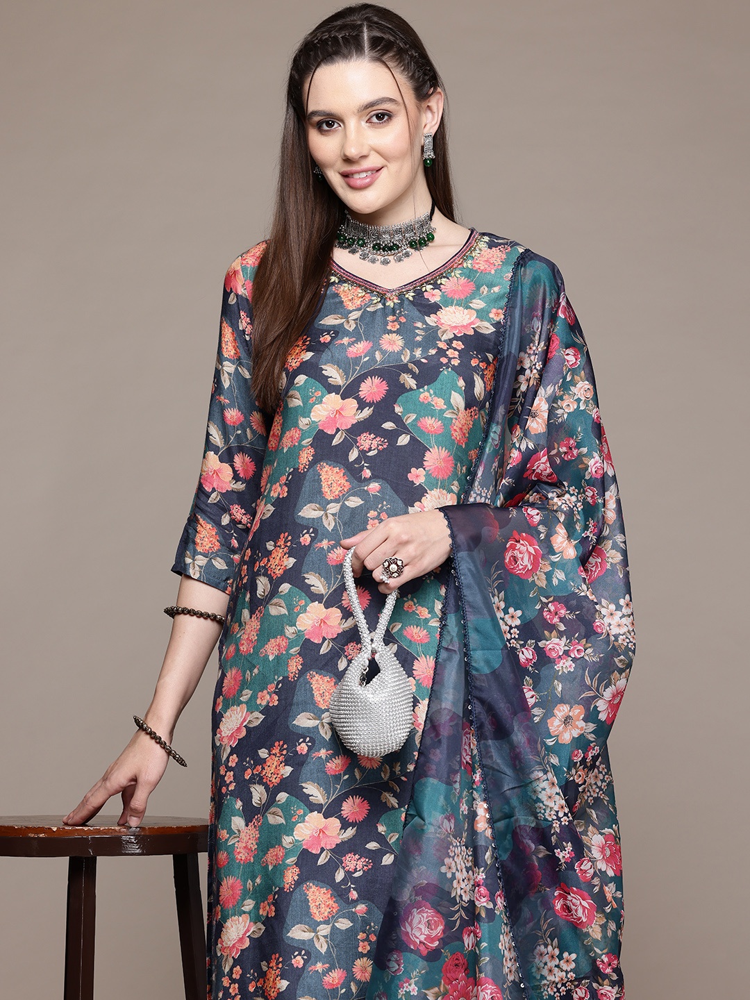 

Readiprint Fashions Women Floral Printed Beaded Silk Kurta with Trousers & With Dupatta, Navy blue
