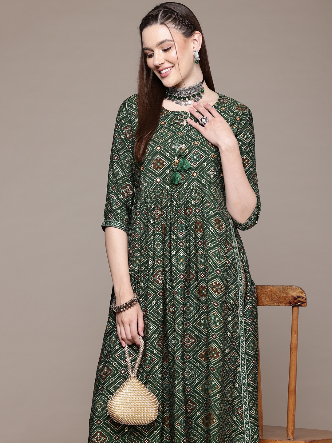 

Readiprint Bandhani Printed High Slit Mirror Work Pure Silk Kurta with Trousers, Green