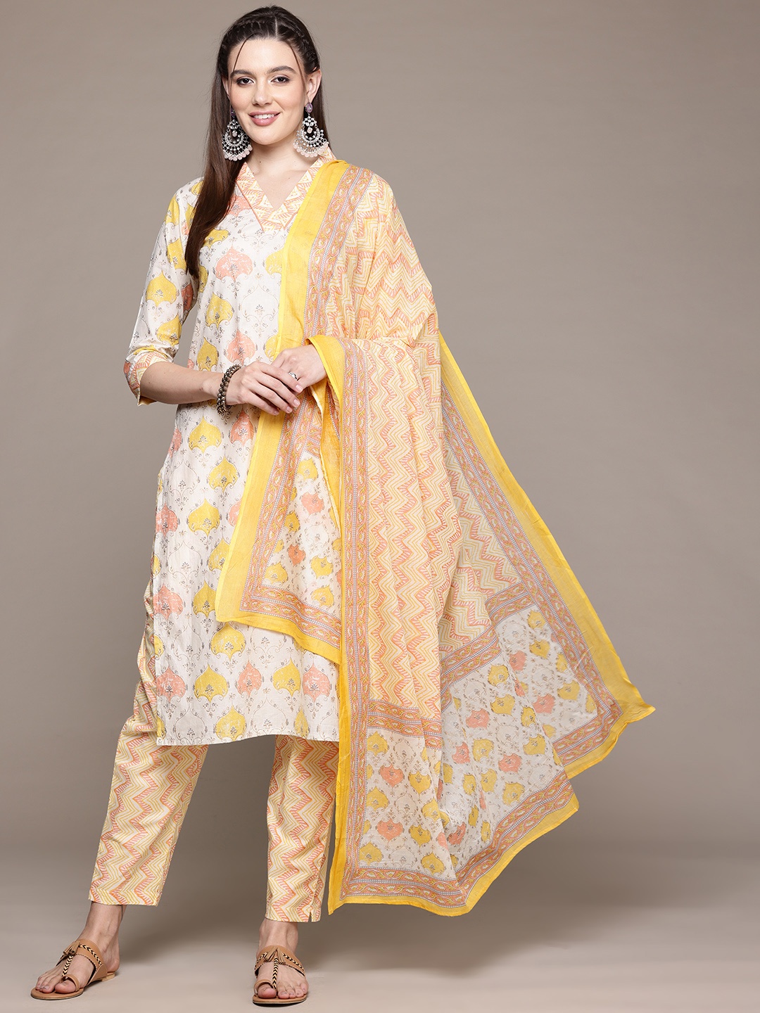 

Readiprint Floral Printed Pure Cotton Kurta With Trousers & Dupatta, Yellow