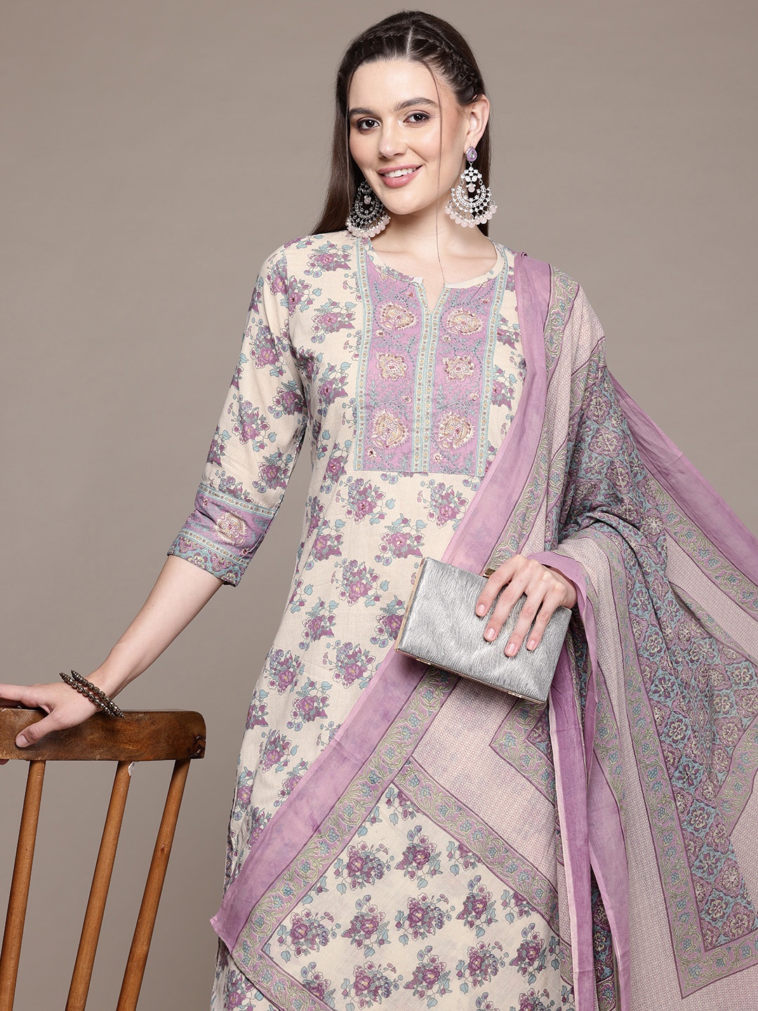 

Readiprint Fashions Floral Printed Beads & Stones Pure Cotton Kurta Set, Purple