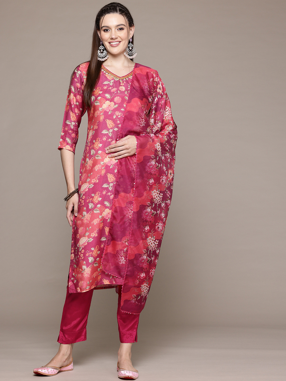 

Readiprint Floral Printed Beads & Stones Pure Silk Kurta With Trousers & Dupatta, Pink