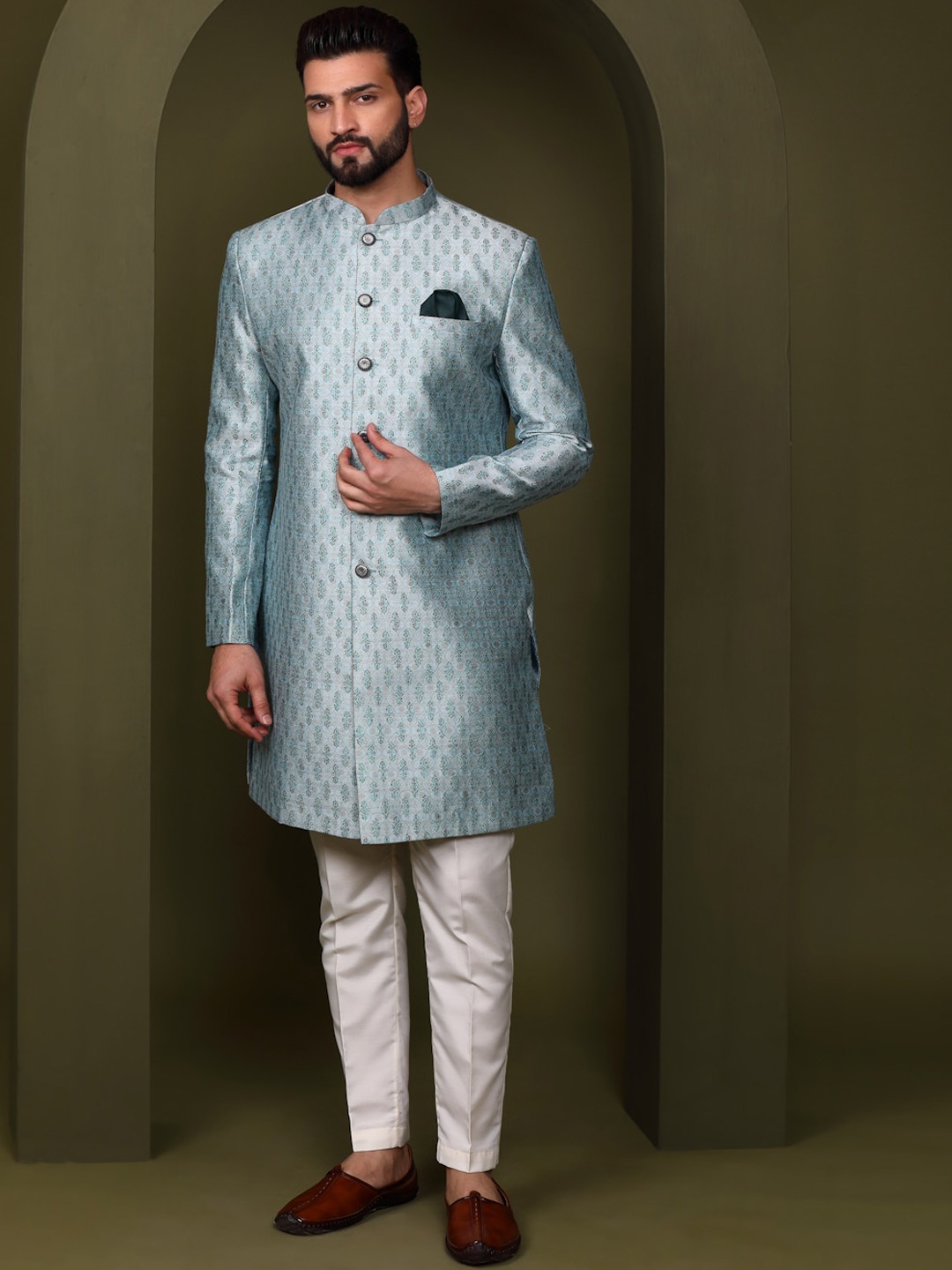 

KISAH Men Self Design Mandarin Collar Indowestern Sherwani, Blue