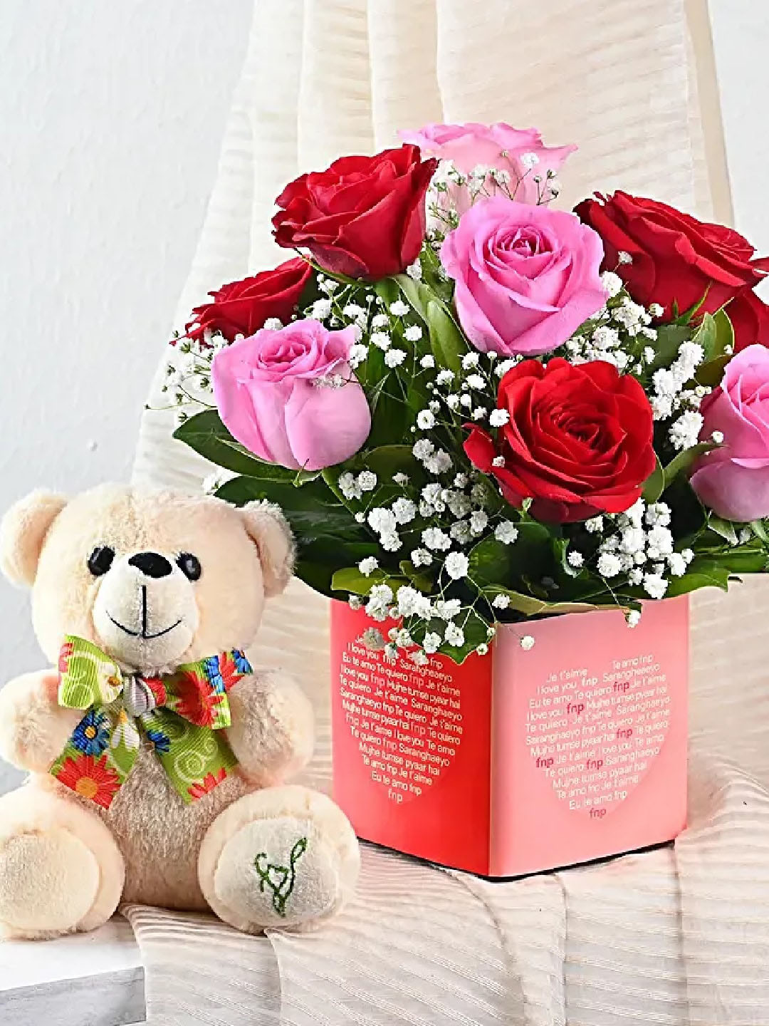 

fnp 2-Pcs Cream-Coloured & Red Printed Teddy Bear & Flowers Home Gift Set, Pink