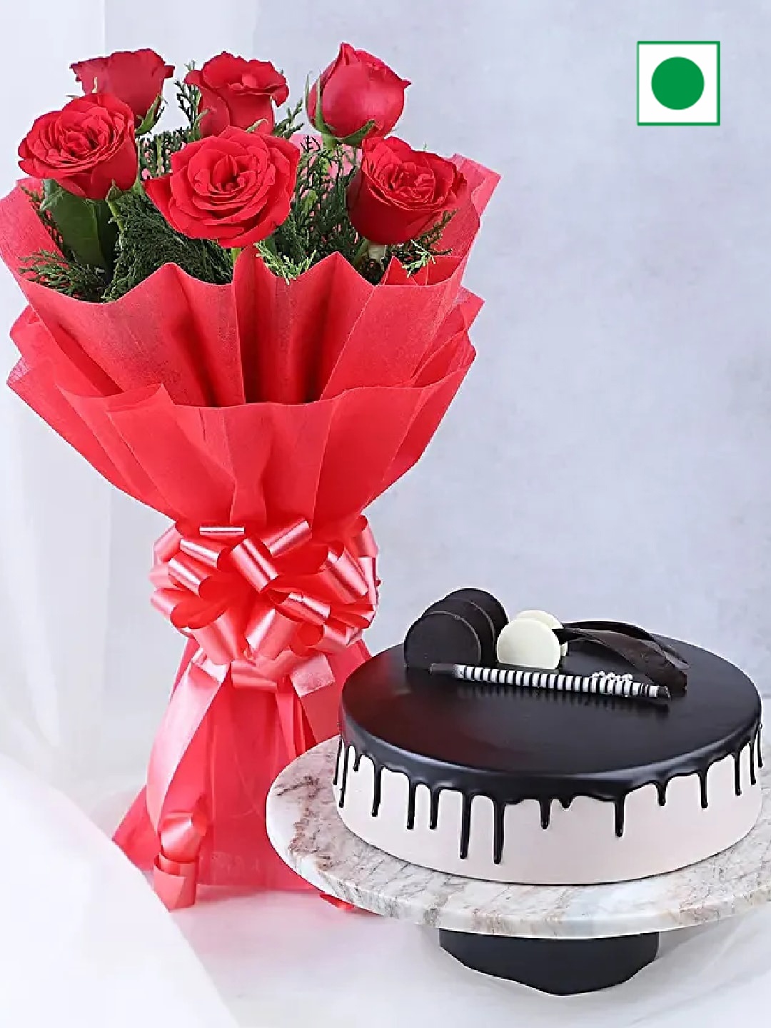 

fnp 10-Pcs Fresh Red Roses Bouquet with Fresh Delicious Chocolate Cake- 500g, Brown