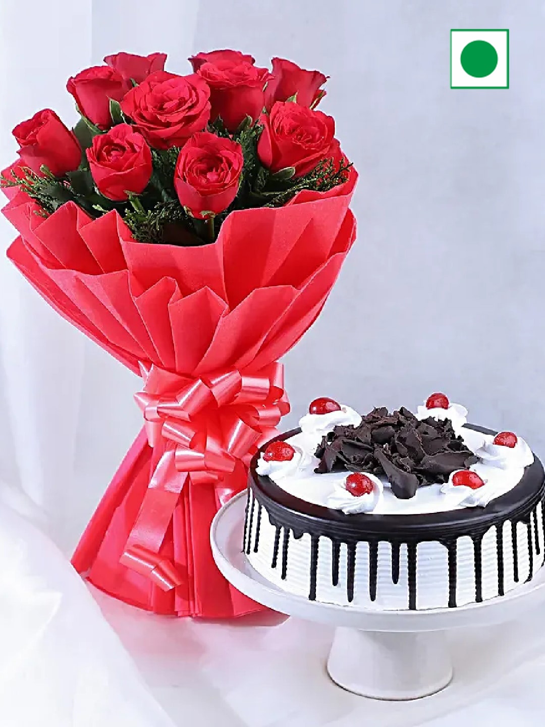 

fnp Roses and Black Forest Flavour Eggless Round Shape Cake- 900 g, Red