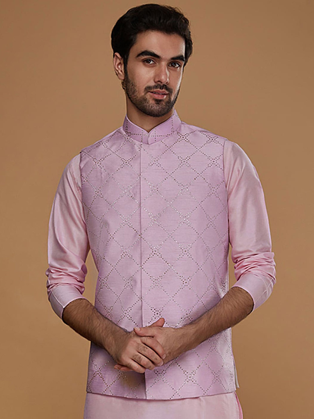 

KISAH Embellished Mandarin Collar Woven Nehru Jacket, Lavender