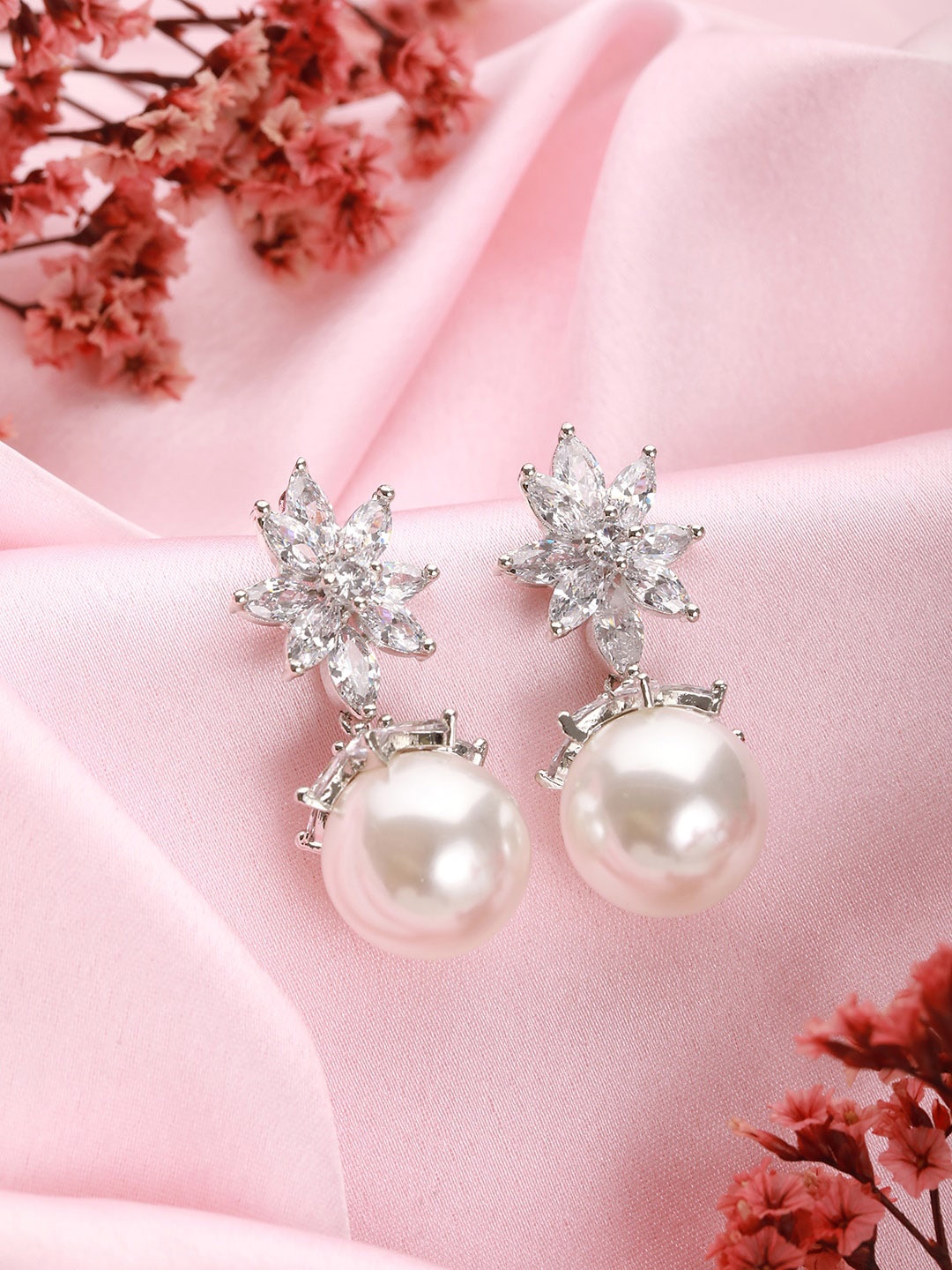 

Saraf RS Jewellery American Diamond Silver Plated Drop Earrings