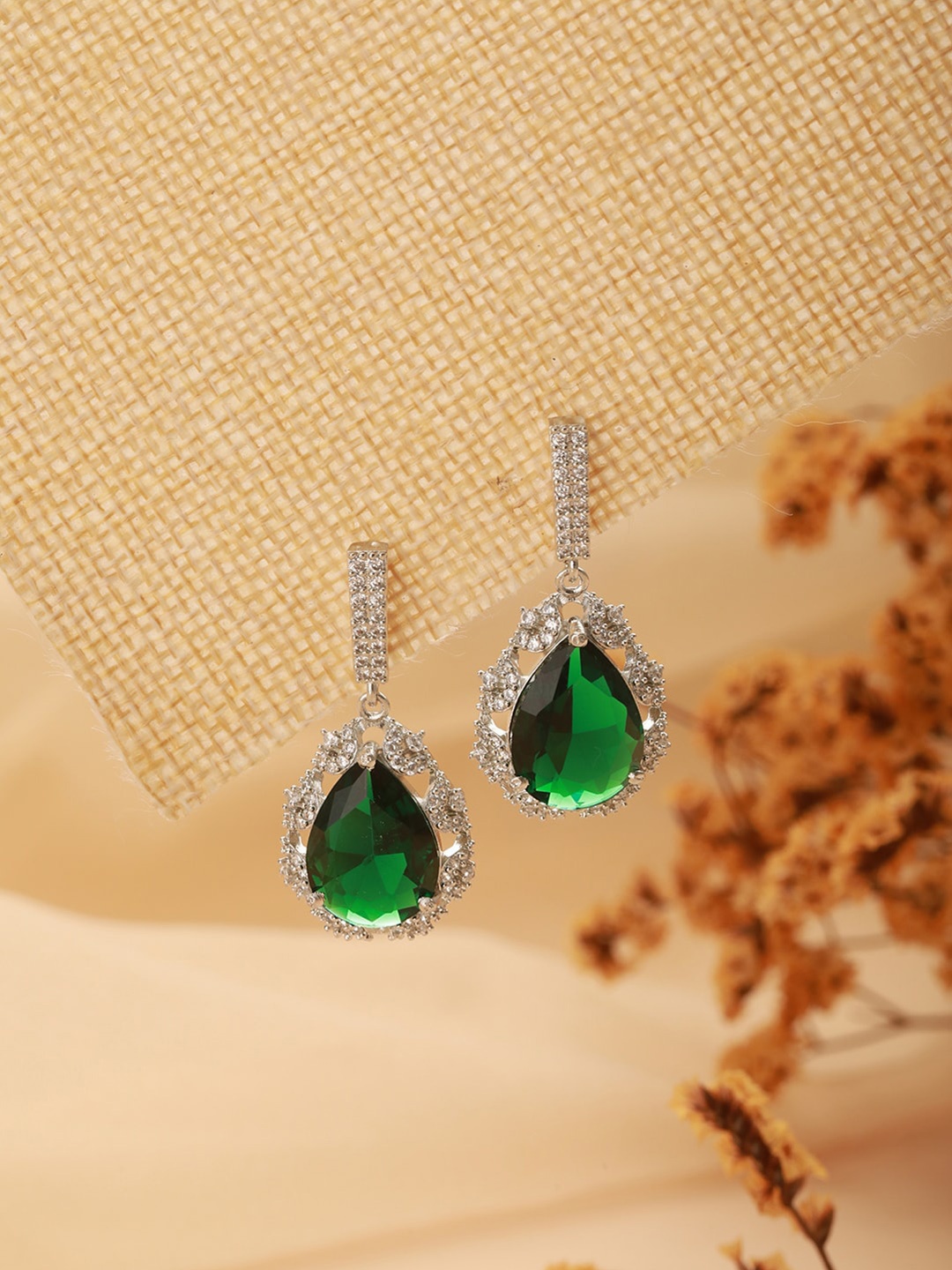 

Saraf RS Jewellery Silver-Plated American Diamond Contemporary Drop Earrings, Green