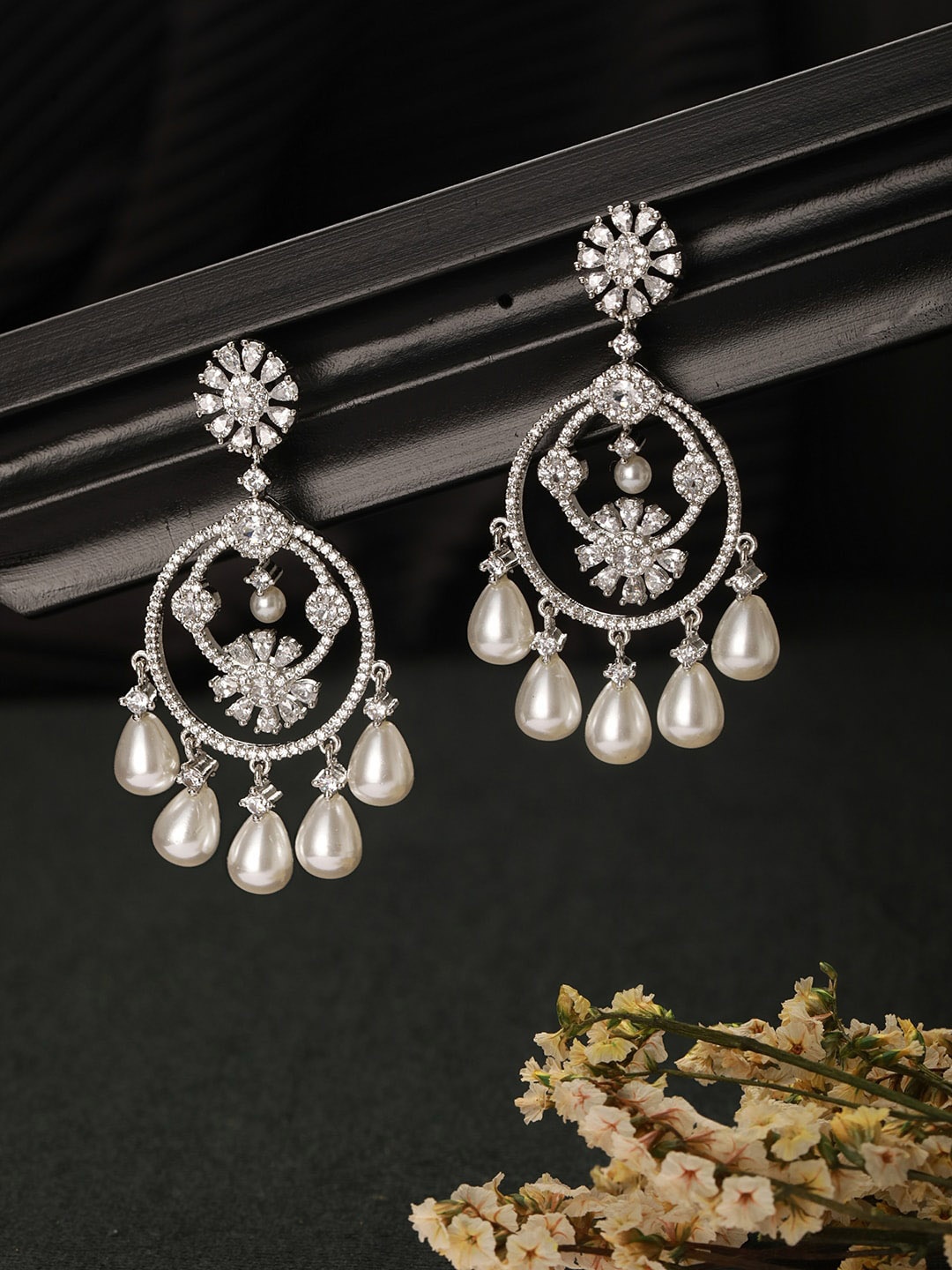 

Saraf RS Jewellery Silver-Plated Cubic Zirconia Studded & Beaded Contemporary Chandbalis