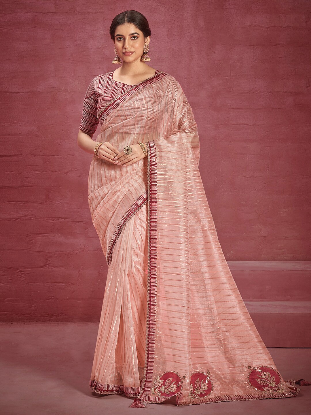 

saree.com Striped Embroidered Organza Saree, Peach