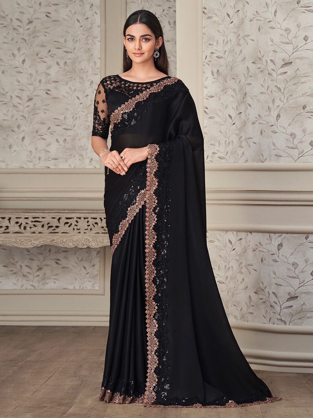 

saree.com Embroidered Pure Georgette Saree, Black