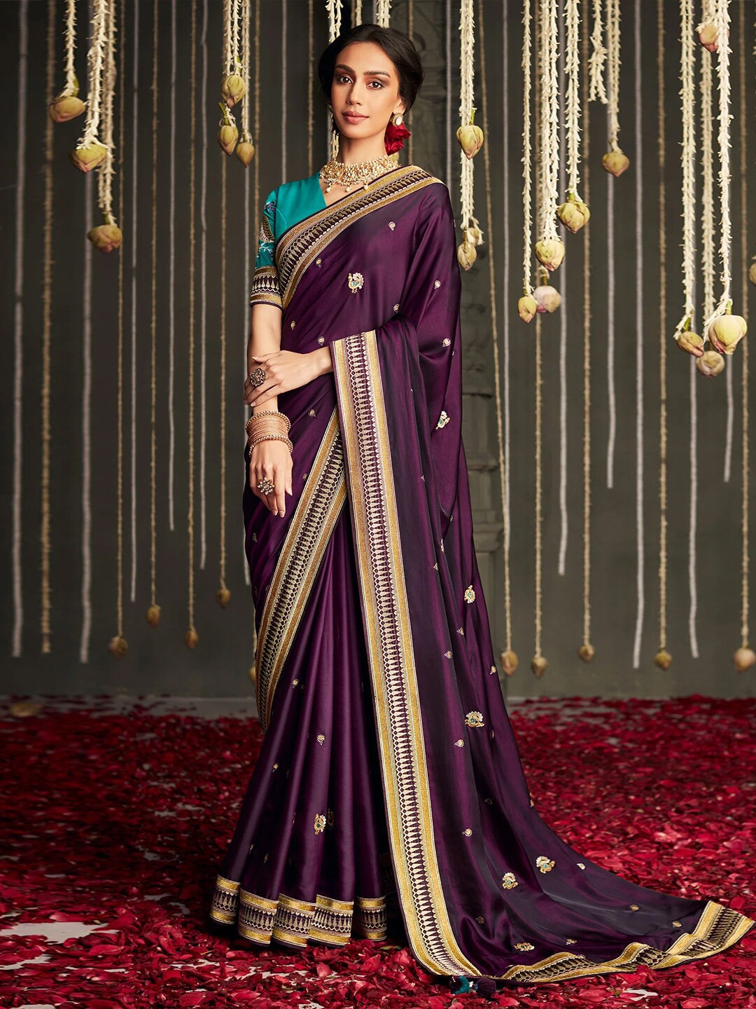 

saree.com Floral Embroidered Silk Blend Saree, Purple
