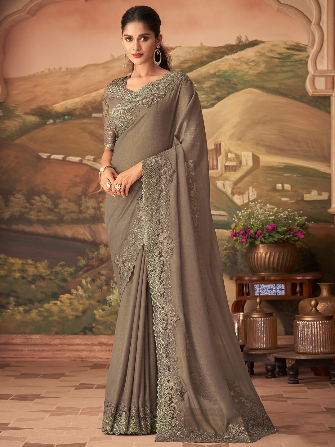 

saree.com Sequinned Art Silk Saree, Taupe