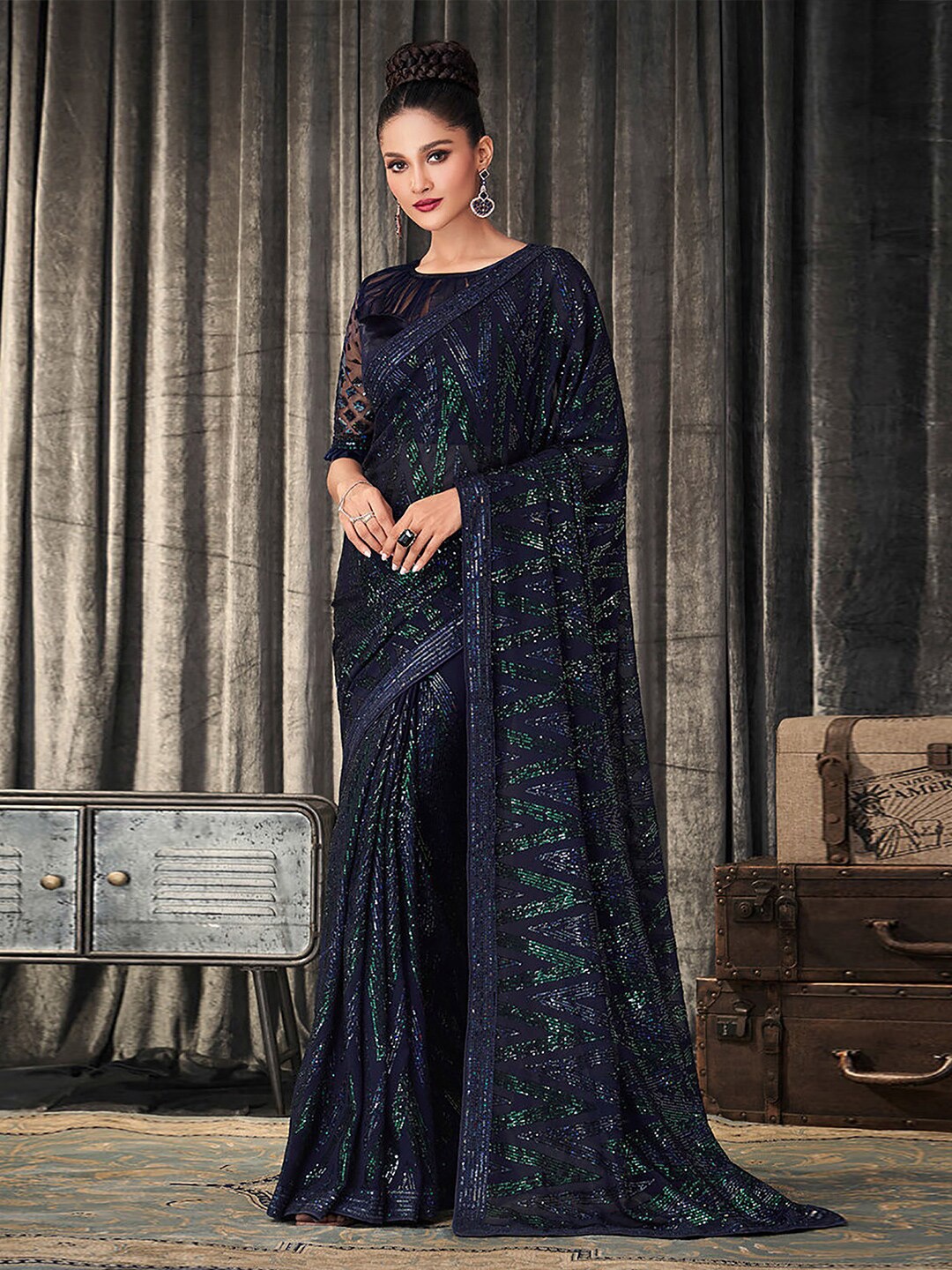 

saree.com Embellished Sequinned Pure Georgette Saree, Blue