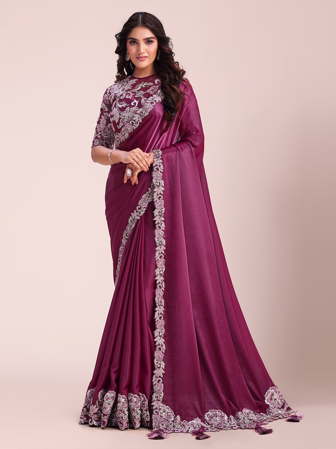 

saree.com Sequinned Solid Poly Crepe Saree, Magenta