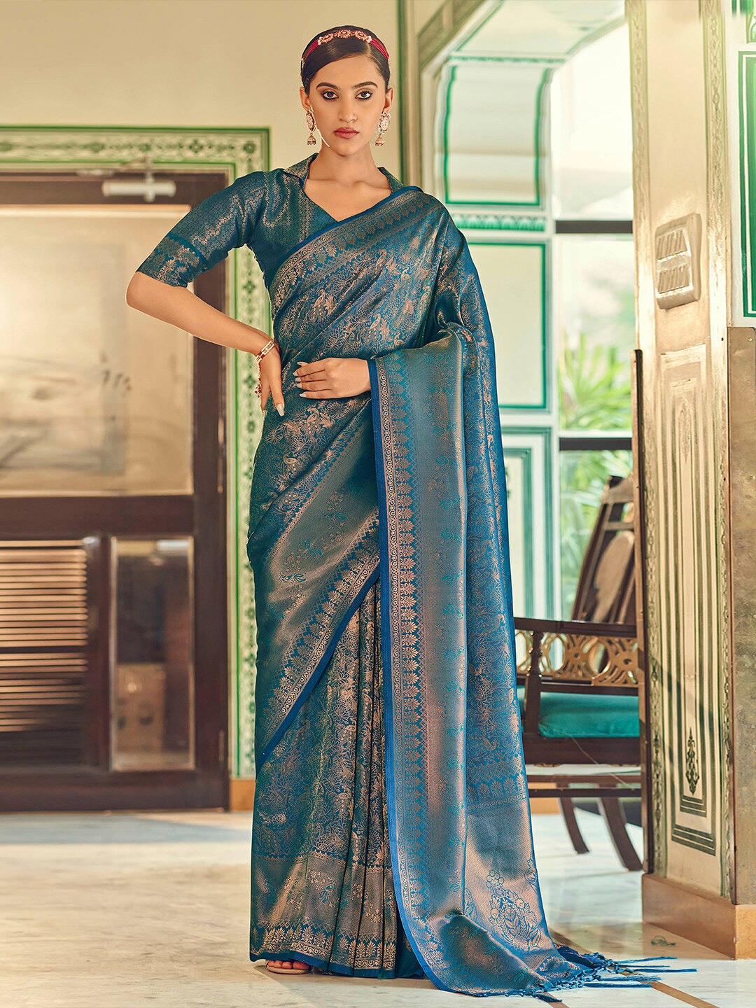 

saree.com Woven Design Zari Silk Blend Saree, Blue