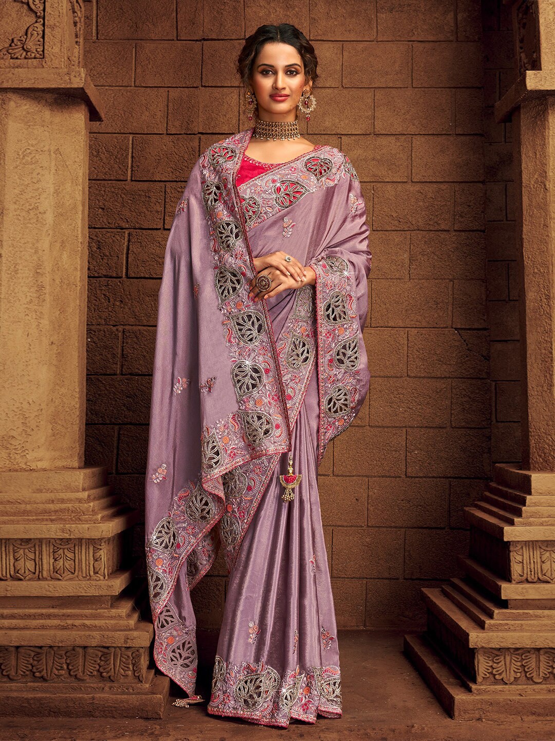 

saree.com Floral Embroidered Organza Saree, Purple