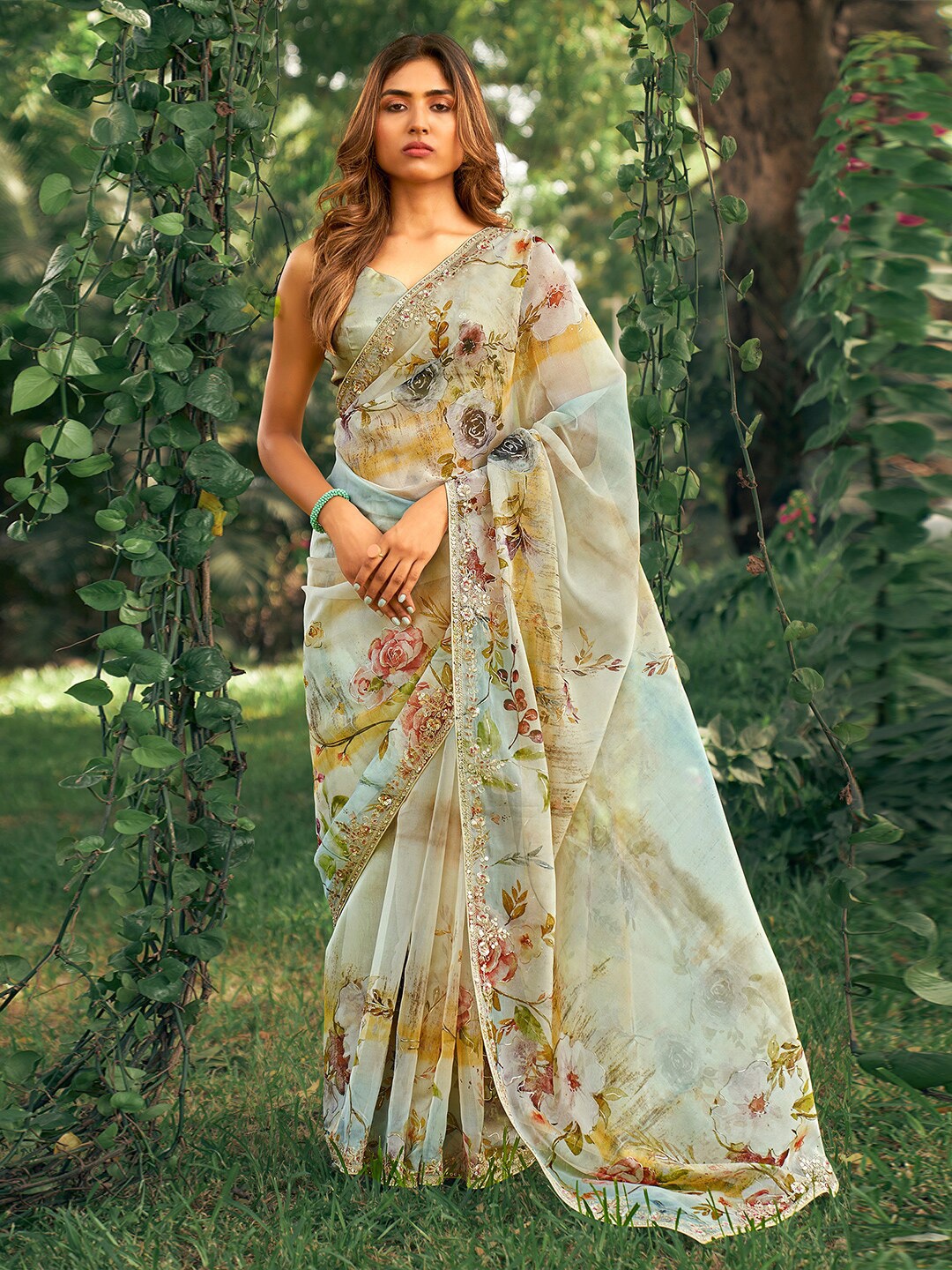 

saree.com Floral Embroidered Organza Saree, White