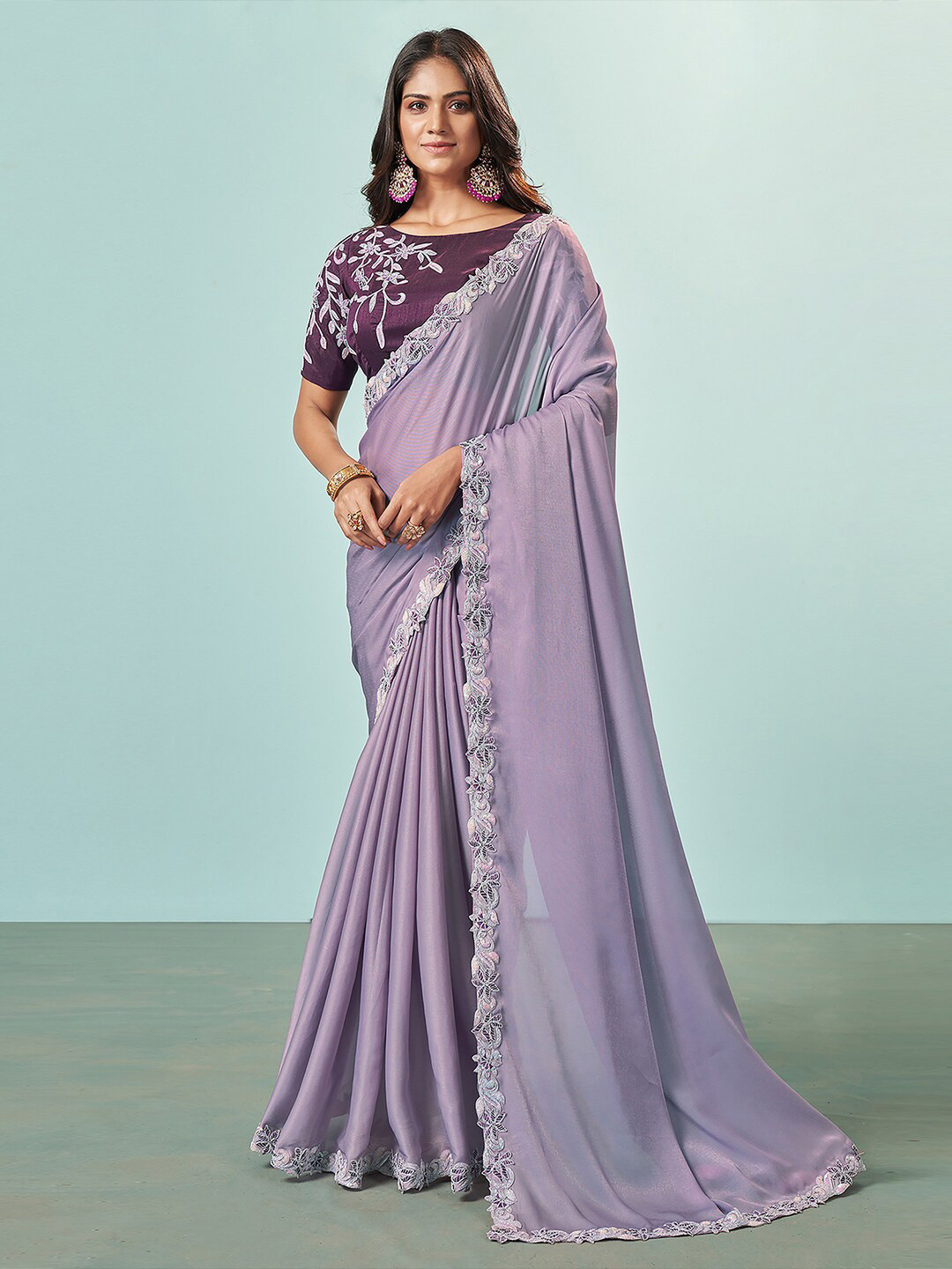 

saree.com Embroidered Organza Saree, Purple