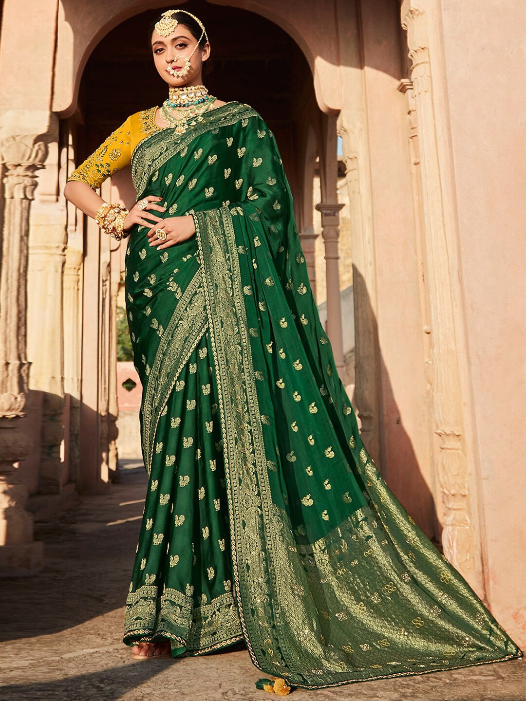 

saree.com Woven Design Zari Art Silk Saree, Green