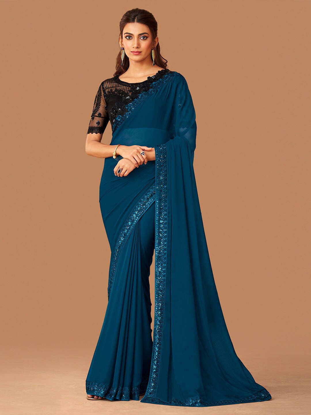 

saree.com Embroidered Sequinned Poly Chiffon Saree, Blue