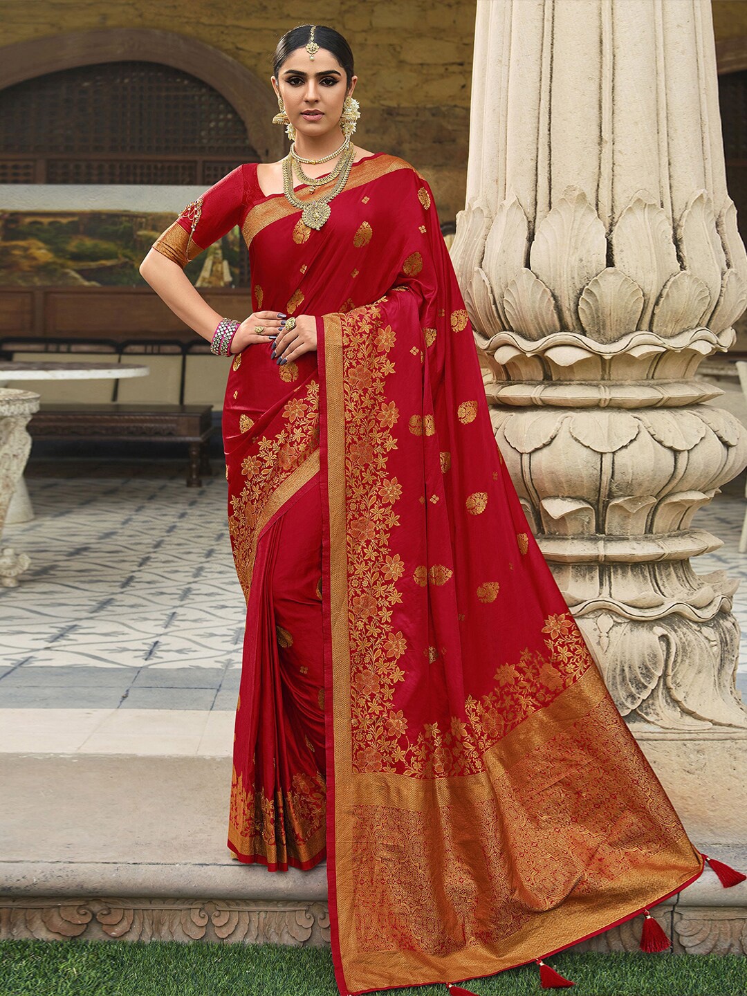 

saree.com Woven Design Zari Art Silk Saree, Red