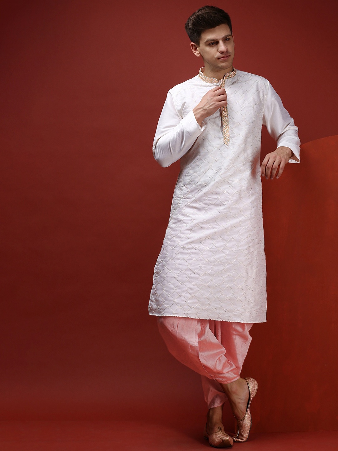 

KISAH Embroidered Regular Sequinned Kurta with Dhoti Pant, Cream